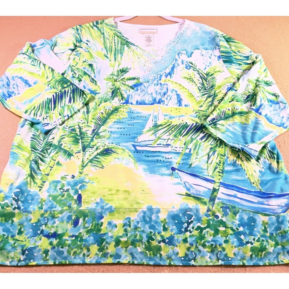 Alfred Dunner Turks & Caicos Tropical Top 1X Petite Blue Green 3/4 Sleeve